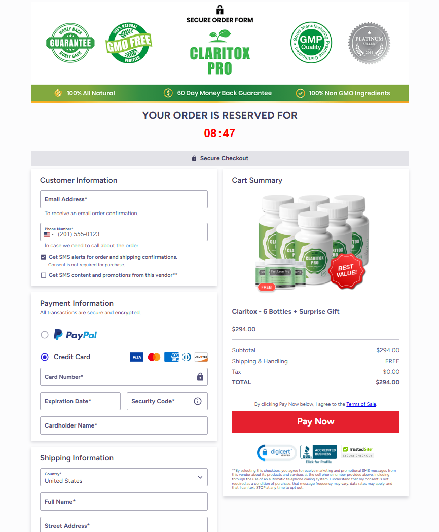 Secure Claritox Pro checkout page with encrypted payment and safe ordering